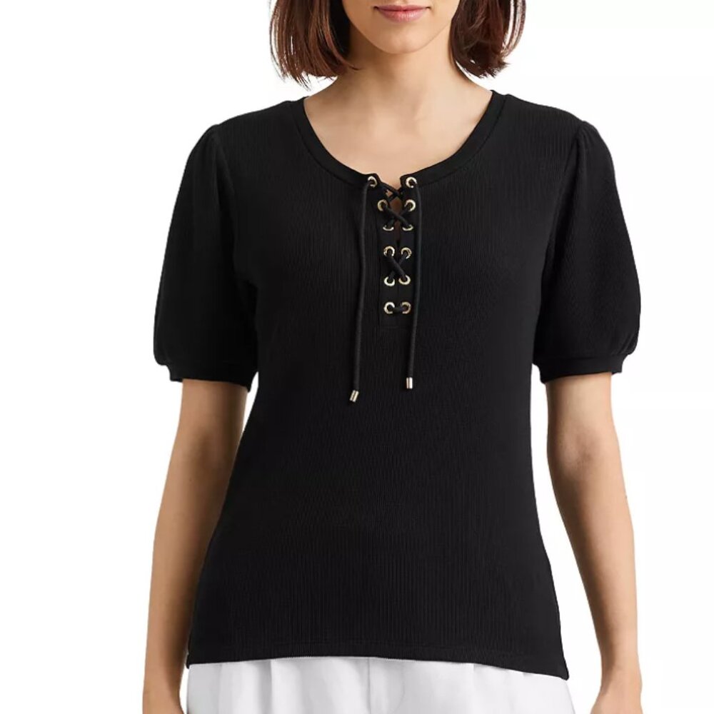 Ralph Lauren Solid Walffle Knit Black Lace-Up Short Puff Sleeve Top